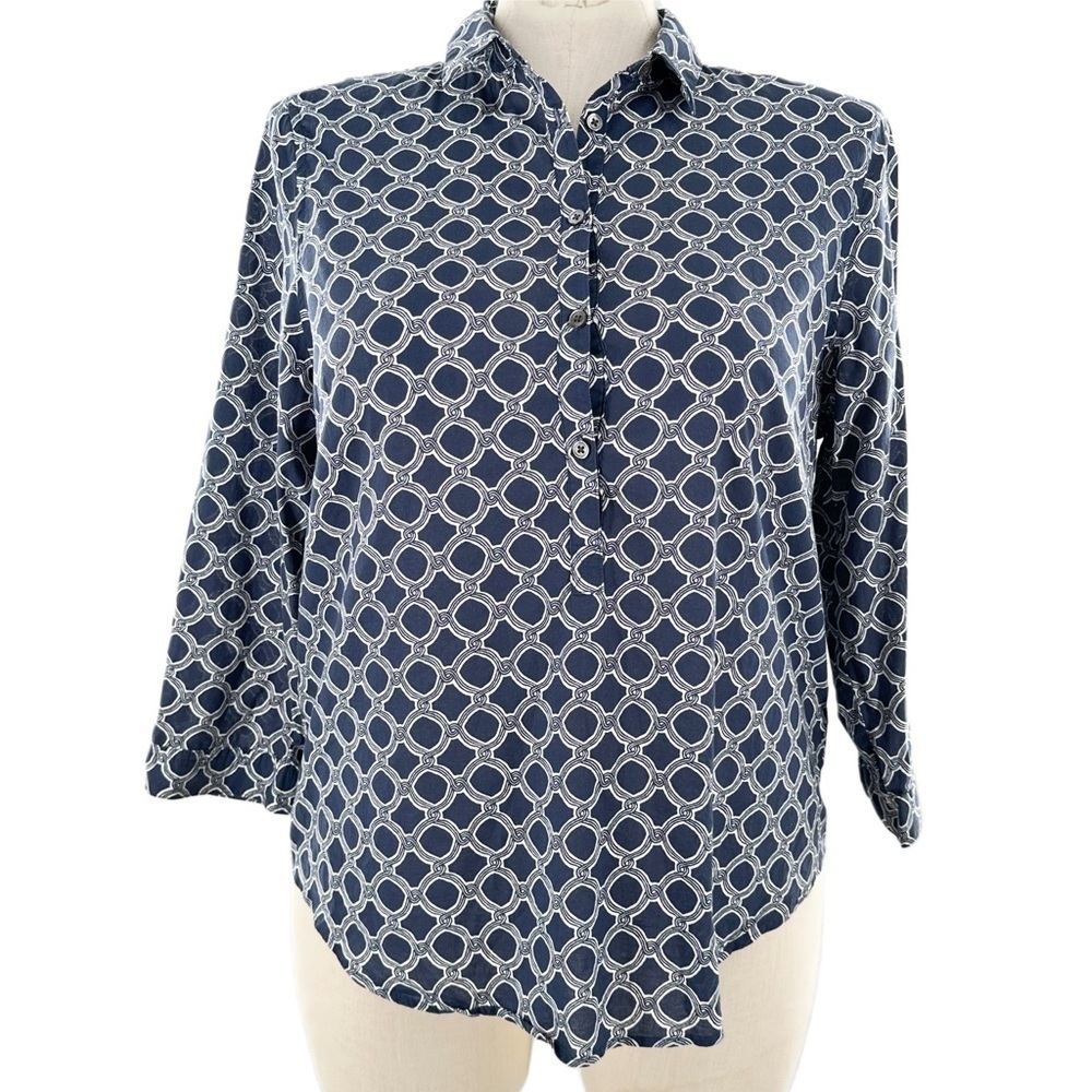 Lands end top size XL navy blue white Geometric 100% cotton coastal grandma